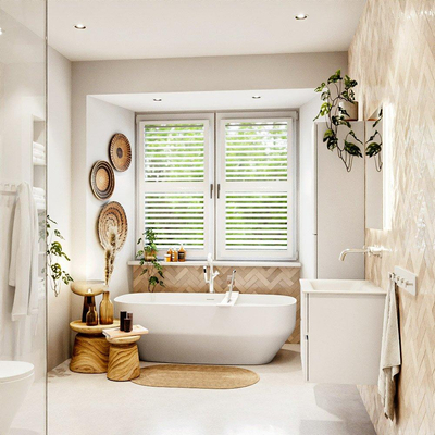 MONDIAZ VICA meuble sous lavabo 60cm Talc 2 tiroirs. Lavabo CLOUD central sans trou de robinet, couleur Talc.