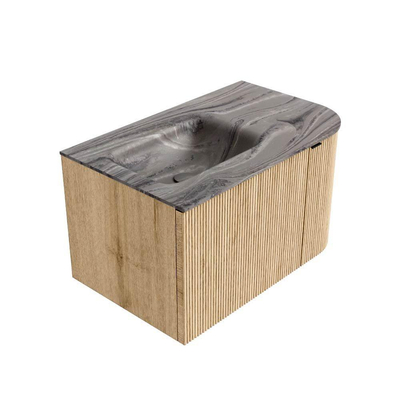 MONDIAZ KURVE-DLUX Meuble de salle de bains 75cm arrondi à droite couleur chêne avec 1 tiroir et 1 porte. Lavabo GRUNNE à gauche 1 trou de robinet Sombra.