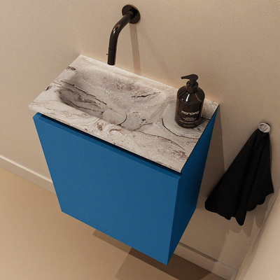 MONDIAZ TURE-DLUX Meuble toilette - 40cm - Jeans - EDEN - vasque Glace - position gauche - sans trou de robinet