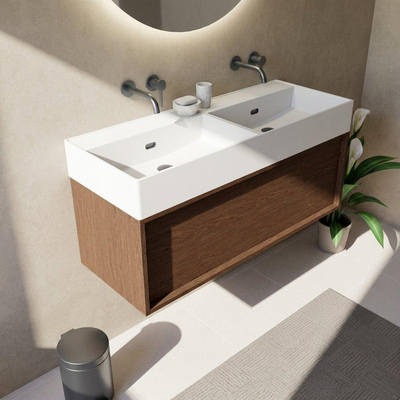 Saniclass Holz Frame Badkamermeubelset - 120x45x52cm - Legend keramische wastafel mat wit - 2 wasbakken - zonder kraangaten - 1 lade - mat walnut pure (hout)