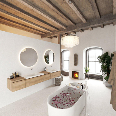 MONDIAZ BUKLA 240cm ensemble de meuble avec module 40 à droite couleur Chêne blanchi avec 4 tiroirs. Lavabo CLOUD double 0 trou de robinet couleur Talc.