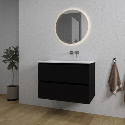 Adema Chaci Meuble salle de bain - 80x46x55cm - 1 vasque en céramique blanche- sans trou de robinet - 2 tiroirs - miroir rond avec éclairage - noir mat