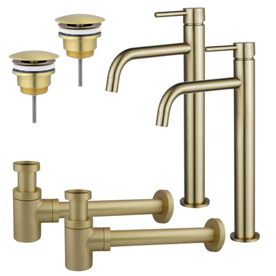 FugaFlow Eccelente Sobrado Slim Kit robinet lavabo - pour double vasque - robinet rehaussé - bonde non-obturable - siphon design bas - Laiton brossé PVD