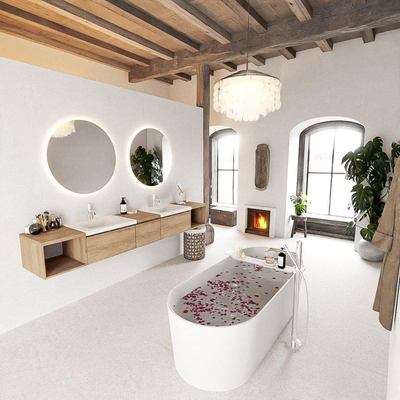 MONDIAZ BUKLA 240cm ensemble de meuble avec module ouvert 40 L+R couleur Chêne blanchi avec 3 tiroirs. Lavabo CLOUD double 2 trous de robinet couleur Talc.