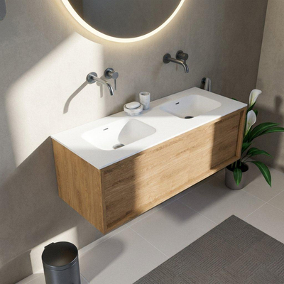 Saniclass Holz Frame Ensemble de meubles de salle de bains - 120x45x41.5cm - Flow lavabo en Solid Surface blanc - 2 vasques - sans trous de robinet - 1 tiroir - chêne natural mat (bois)