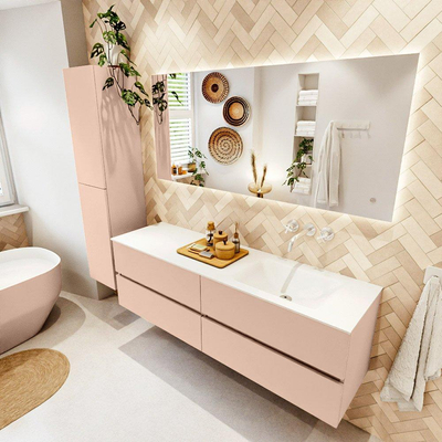 MONDIAZ Vica Ensemble meuble de salle de bains - 160cm - meuble bas rosee - 4 tiroirs - lavabo cloud à droite - sans trous de robinet - version haute 60cm - talc