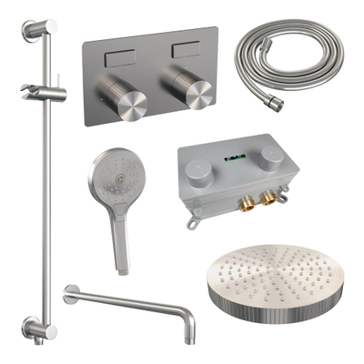 BRAUER Stripe Douche de pluie thermostatique encastrée - boutons-poussoirs - SET 35 - pomme de douche 25cm - bras mural courbé - douchette 3 positions - flexible de douche - barre coulissante intégrée - couleur inox brossé PVD