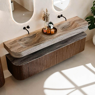 MONDIAZ THOR-DLUX Meuble de salle de bains - 190cm - arrondi gauche + droite - couleur Walnut - 2 tiroirs et 2 portes - Vasque suspendue CLOUD Double sans trou de robinet - couleur Oza