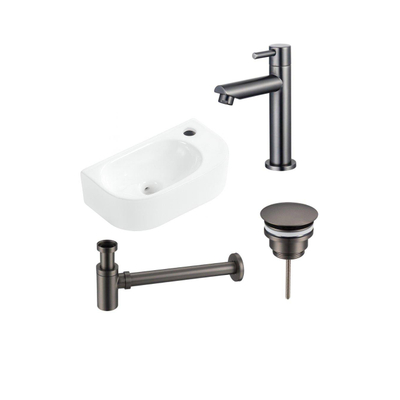 Fugaflow Efficiente Pietra Ensemble de fontaine - 40x21,5x12cm - droite - lisse - demi-rond - 1 trou de robinet - céramique - robinet de fontaine gunmetal - bouchon de vidange - siphon abaissé - blanc mat