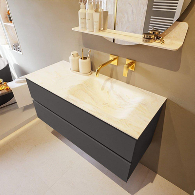 Mondiaz VICA-DLUX ensemble de meuble de salle de bain - 110cm - meuble sous-vasque gris foncé - 2 tiroirs - lavabo encastré cloud droite - sans trous de robinet - version haute de 60cm - ostra