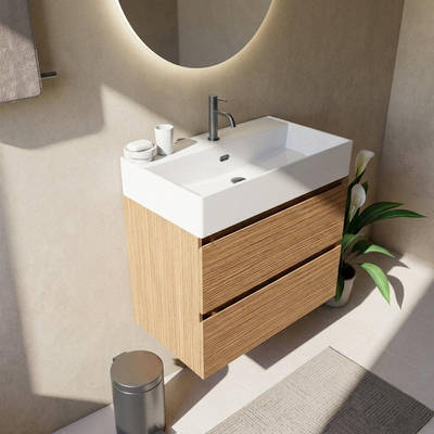 Saniclass Holz Pure Ensemble de meubles de salle de bains - 80x45x72cm - Legend lavabo en céramique blanc - 1 vasque - 1 trou de robinet - 2 tiroirs - chêne natural mat (bois)