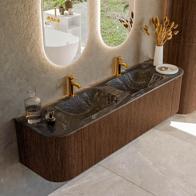 MONDIAZ KURVE-DLUX 170cm badmeubel met module 25 Len R kleur Walnut met 1 lade en 2 deuren. Wastafel LEAF dubbel 2 kraangaten kleur Lava.