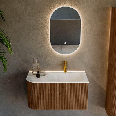 MONDIAZ KURVE-DLUX 85cm Meuble salle de bain avec module 25 G - couleur Walnut - 1 tiroir - 1 porte - vasque CLOUD droite - 1 trou de robinet - couleur Opalo