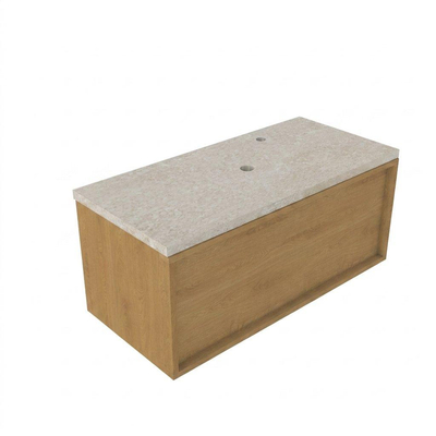Saniclass Holz Frame Ensemble de meubles de salle de bains - 100x45x43cm - Plan en pierre naturelle travertin - 1 trou de robinet - 1 tiroir - chêne naturel mat (bois)