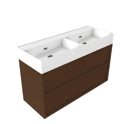 Saniclass Holz Frame Ensemble de meubles de salle de bains - 120x45x72cm - Legend lavabo en céramique blanc mat - 2 vasques - 2 trous de robinet - 2 tiroirs - noyer pure mat (bois)