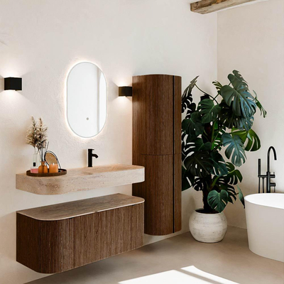 MONDIAZ THOR-DLUX 110cm badmeubel ronding links + rechts kleur Walnut met 1 lade en 2 deuren. Vrijhangende wastafel CLOUD Rechts 1 kraangat kleur Saba.
