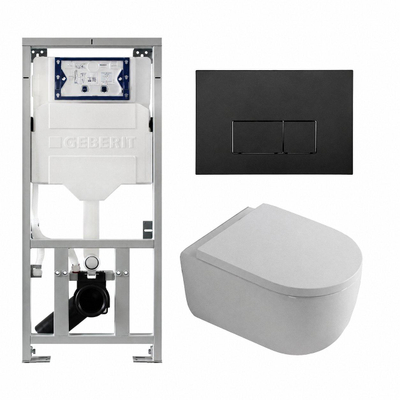 QeramiQ Dely Swirl Toiletset - 36.3x51.7cm - Geberit UP320 inbouwreservoir - met Burda frame - 35mm zitting - mat zwarte bedieningsplaat - rechthoekige knoppen - mat wit