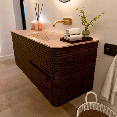 Mondiaz CIRO-DLUX Badkamermeubelset - 120x45x50cm - Solid surface wastafel Arena - 1 wasbak Rechts - zonder kraangaten - 2 lades - Walnut