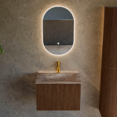 MONDIAZ KURVE-DLUX 60cm badmeubel kleur Walnut met 1 lade en 0 deuren. Wastafel CLOUD Midden 1 kraangat Oza.