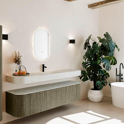 MONDIAZ THOR-DLUX Meuble de salle de bains - 180cm - arrondi gauche + droite - couleur Shadow - 2 tiroirs - 2 portes - Vasque suspendue CLOUD Milieu 1 trou de robinet couleur Opalo