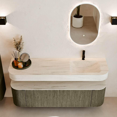 MONDIAZ THOR-DLUX 160cm meuble de salle de bains arrondi gauche + droite couleur Shadow avec 1 tiroir et 2 portes. Vasque suspendue CLOUD Droite 1 trou de robinet couleur Meli.