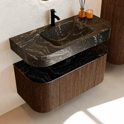 MONDIAZ THOR-DLUX 100cm badmeubel ronding links + rechts kleur Walnut met 1 lade en 2 deuren. Vrijhangende wastafel CLOUD Midden 1 kraangat kleur Lava.