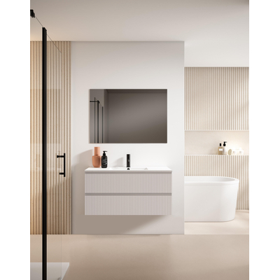Adema Prime Blend Ensemble de meuble - 100x55x46cm - 1 vasque rectangulaire en céramique Blanc - 1 trou de robinet - 2 tiroirs - avec miroir rectangulaire - Cotton (beige)