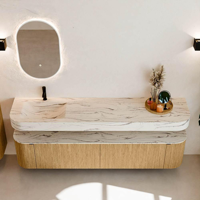 MONDIAZ THOR-DLUX 200cm meuble de salle de bains arrondi gauche + droite couleur Oak avec 2 tiroirs et 2 portes. Vasque suspendue CLOUD gauche 1 trou de robinet couleur Nata.