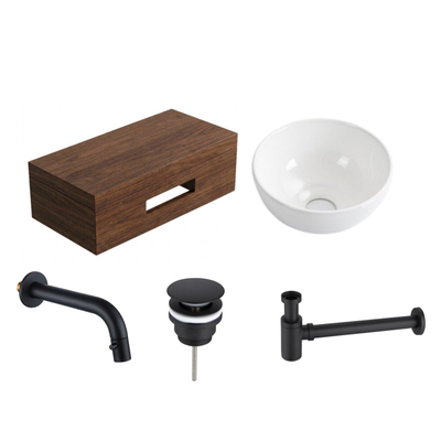 Royal Plaza Terra pack lave-mains – 40 x 25 x 10 cm – bois blanc brillant – robinet noir mat – châtaigne (noyer)