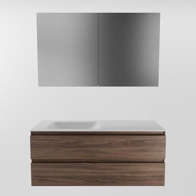 Mondiaz AIVY Ensemble de meuble - 120x45x50cm - 0 trous de robinet - 1 vasque talc Solid surface - Gauche - 2 tiroirs - avec armoire de toilette - Melamine Mocha