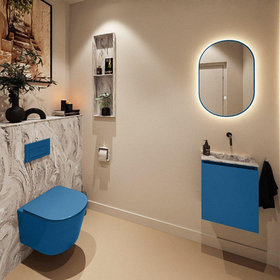 MONDIAZ TURE-DLUX Meuble toilette - 40cm - Jeans - EDEN - vasque Glace - position droite - sans trou de robinet