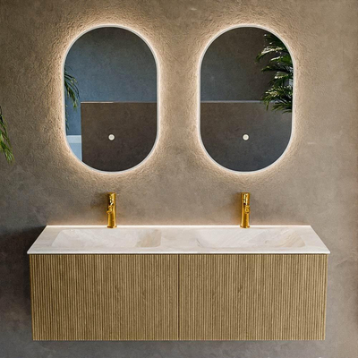 Mondiaz KURVE-DLUX Badkamermeubelset - 130x46x40cm - 2 lade - wastafel solid surface - dubbel - 2 kraangaten - Dusk