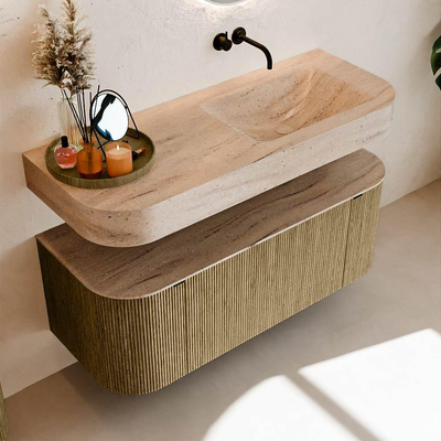 MONDIAZ THOR-DLUX 120cm meuble de salle de bains arrondi gauche + droite couleur Dusk avec 1 tiroir et 2 portes. Vasque suspendue CLOUD Droite sans trou de robinet couleur Saba.