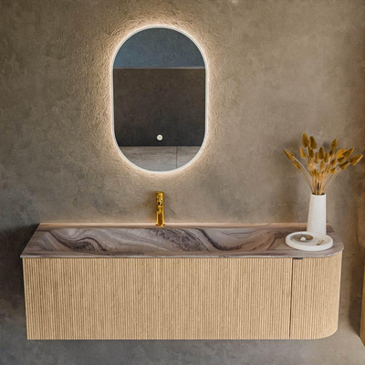 MONDIAZ KURVE-DLUX 145cm meuble de salle de bains arrondi Droite couleur Oak avec 1 tiroir et 1 porte. Lavabo BIG LARGE Gauche 1 trou de robinet Sombra.