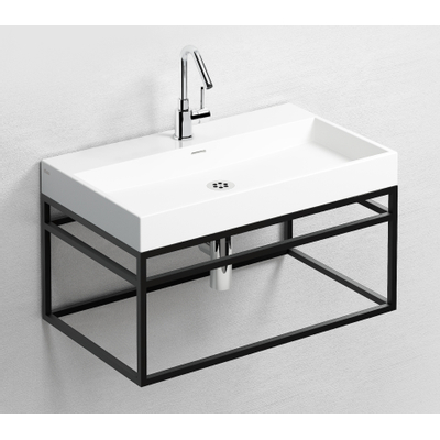 Clou Wash Me Ensemble de meuble de salle de bains Frame 70x38x42cm Noir mat Lavabo en céramique blanc brillant avec robinet Xo 7 bonde d'écoulement ouverte et siphon Chrome