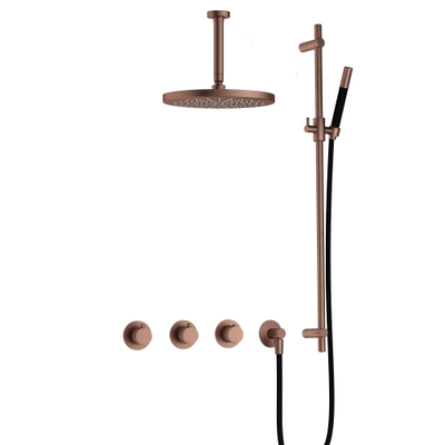 Hotbath Cobber IBS70 Ensemble de douche pluie encastré - bras plafond de 15 cm - douche principale ronde de 30 cm - douchette à main - barre de douche - cuivre brossé PVD