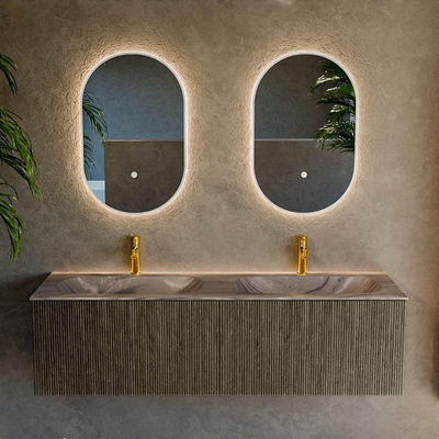 MONDIAZ KURVE-DLUX Meuble de salle de bains 150cm couleur Shadow avec 2 tiroirs et 0 portes. Lavabo STOR SMALL Double 2 trous de robinet Sombra.