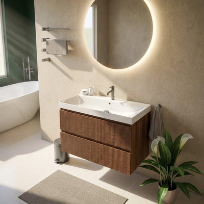 Saniclass Holz Atelier Ensemble de meubles de salle de bains - 100x45x67.5cm - lavabo Wave en céramique - 1 vasque - 1 trou de robinetterie - 2 tiroirs - walnut pure mat (bois)