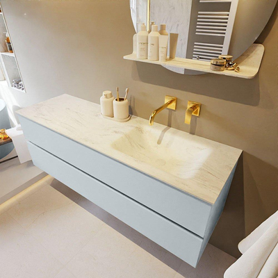 Mondiaz VICA-DLUX ensemble de meuble de salle de bain - 150cm - meuble sous-vasque argile - 2 tiroirs - lavabo encastré nuage droite - sans trous de robinet - version haute 60cm - opalo