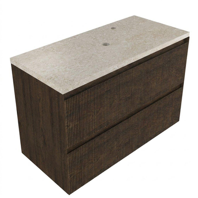 Saniclass Holz Atelier Ensemble de meubles de salle de bains - 100x45x63cm - Plan de travail en pierre naturelle travertin - 1 trou de robinet - 2 tiroirs - chêne charbon mat (bois)
