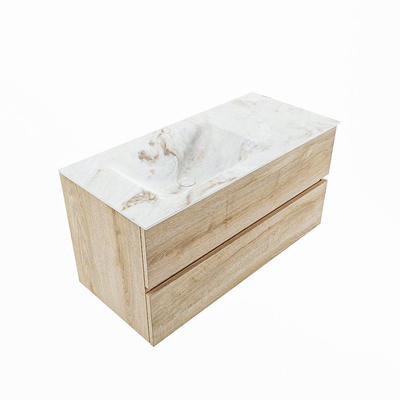 MONDIAZ VICA-DLUX Badkamermeubelset - 100cm - onderkast washed oak - 2 lades - inbouw wastafel cloud links - zonder kraangaten - 60cm hoge versie - frape