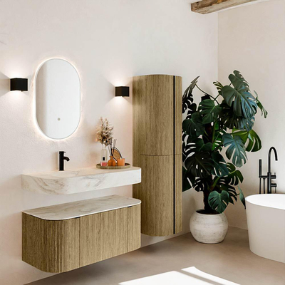 MONDIAZ THOR-DLUX 100cm meuble de salle de bains arrondi gauche + droite couleur Dusk avec 1 tiroir et 2 portes. Vasque suspendue CLOUD Gauche 1 trou de robinet couleur Ostra.