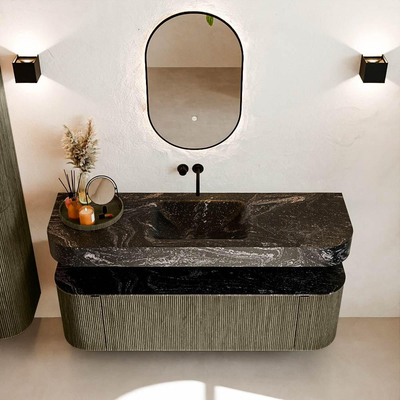 MONDIAZ THOR-DLUX 150cm meuble de salle de bains arrondi gauche + droite couleur Shadow avec 1 tiroir et 2 portes. Vasque suspendue CLOUD Milieu sans trou de robinet couleur Lava.