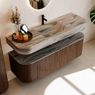 MONDIAZ THOR-DLUX 140cm badmeubel ronding links + rechts kleur Walnut met 1 lade en 2 deuren. Vrijhangende wastafel CLOUD Midden 1 kraangat kleur Sombra.