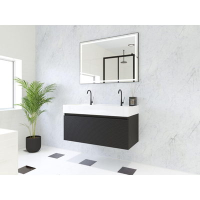 HR Matrix ensemble meuble de salle de bain 3d 100cm 1 tiroir sans poignée avec bandeau couleur noir mat avec vasque kube 2 trous de robinetterie blanc