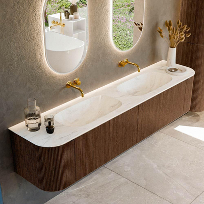 MONDIAZ KURVE-DLUX meuble de salle de bains 200cm avec module 25 Len R couleur Walnut avec 2 tiroirs et 2 portes. Plan vasque STOR SMALL double sans trou de robinet couleur Ostra.