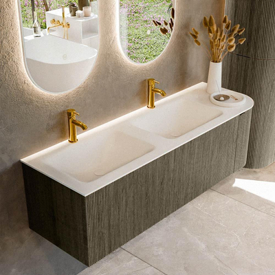Mondiaz KURVE Ensemble de meuble de salle de bains - 145x46x40cm - 1 tiroir - 1 porte - lavabo solid surface - double / gauche - 2 trous de robinet - Shadow