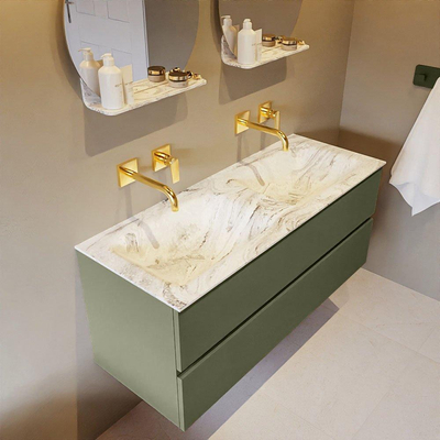 Mondiaz VICA-DLUX ensemble de meuble de salle de bain - 120cm - meuble sous-vasque armée - 2 tiroirs - lavabo encastré nuage double - sans trous de robinet - version haute de 60cm - glace