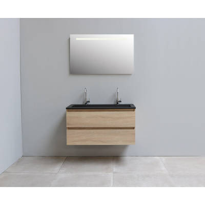 Basic Bella Meuble salle de bains avec lavabo acrylique avec miroir et éclairage Noir 100x55x46cm 2 trous de robinet Chêne