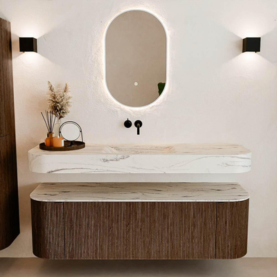 MONDIAZ THOR-DLUX 150cm badmeubel ronding links + rechts kleur Walnut met 1 lade en 2 deuren. Vrijhangende wastafel CLOUD Midden zonder kraangat kleur Nata.